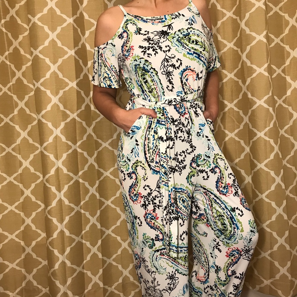New York & Company cold shoulder wide leg jumpsuit